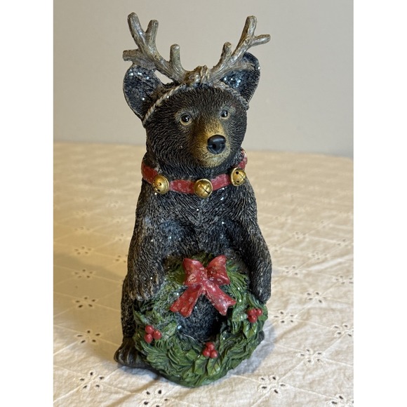 Other - Black Bear Reindeer Christmas Figurine – Holding Wreath 8 Inch